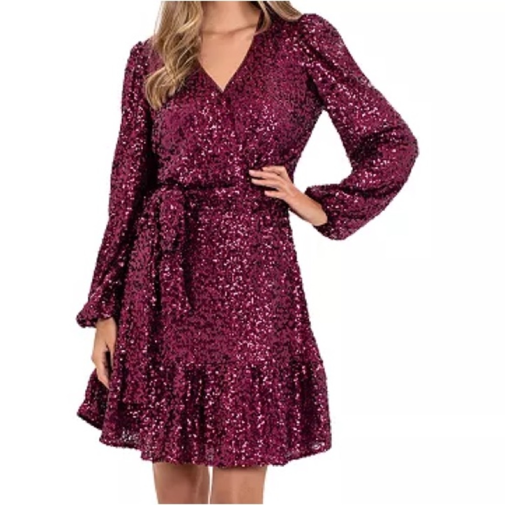 NWT Betsy & Adam Sequined V Neck Fit & Flare Long Sleeve Dress Size 10 Sangria